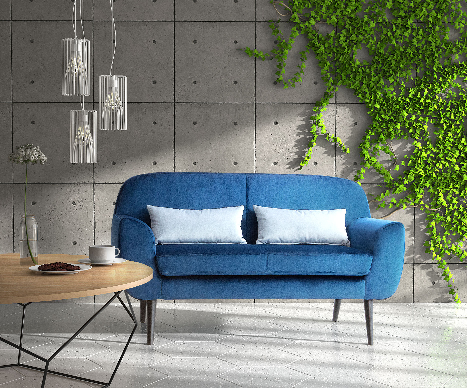 Polaszek Meble Nowoczesny salon z niebieską sofą Polaszek meble, betonowymi ścianami i wiszącymi roślinami. Chojnice