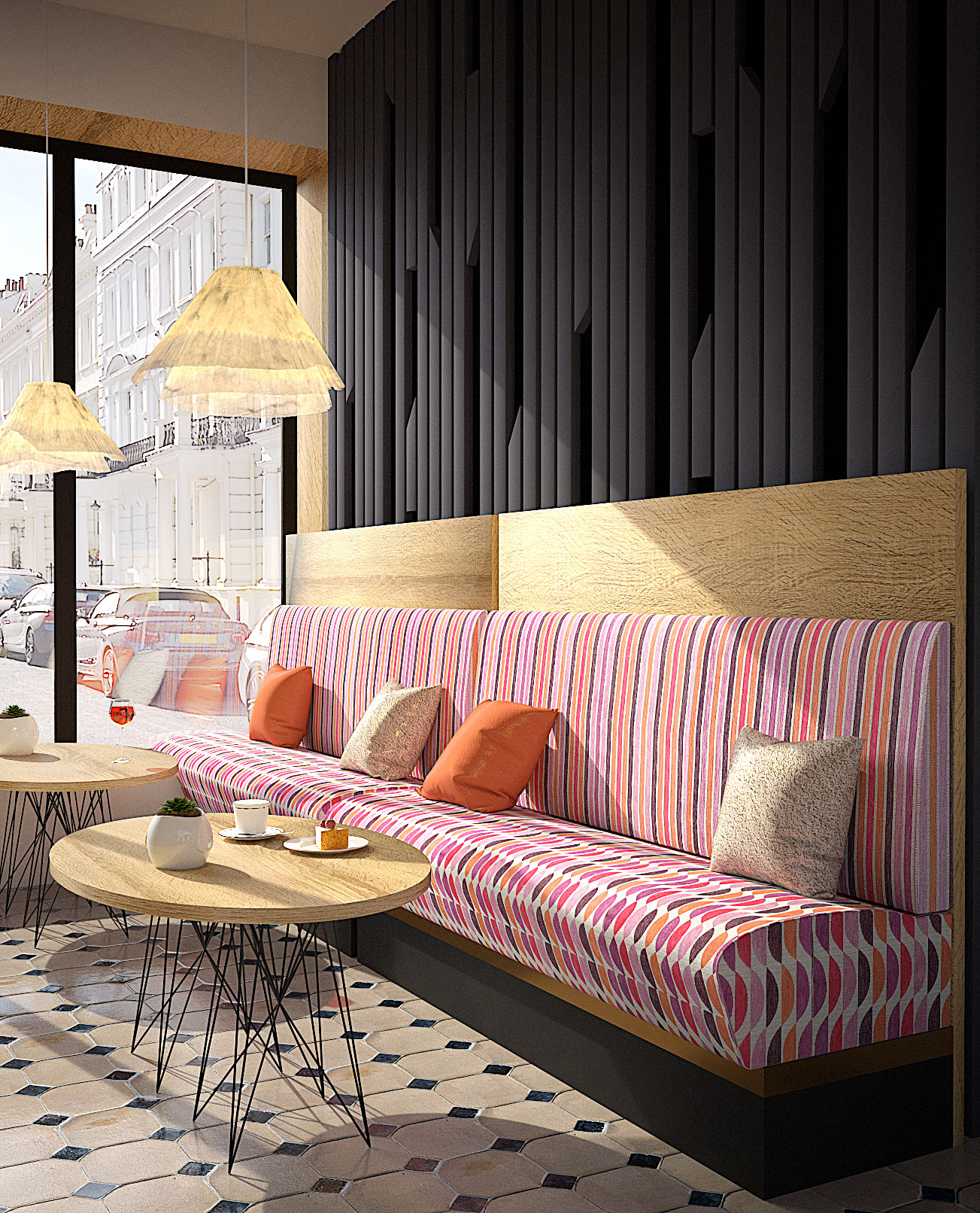 Polaszek Meble Nowoczesne wnętrze kawiarni z pasiastą sofą marki Meble Chojnice, wzorzystą podłogą i widokiem na ulicę. Chojnice