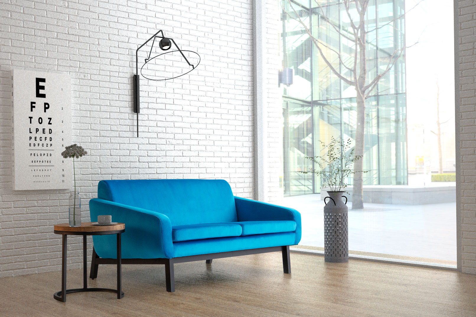 Polaszek Meble Jasna, nowoczesna poczekalnia z niebieską sofą, stolikiem bocznym i tablicą oczną na ścianie z Polaszkiem Meble. Chojnice