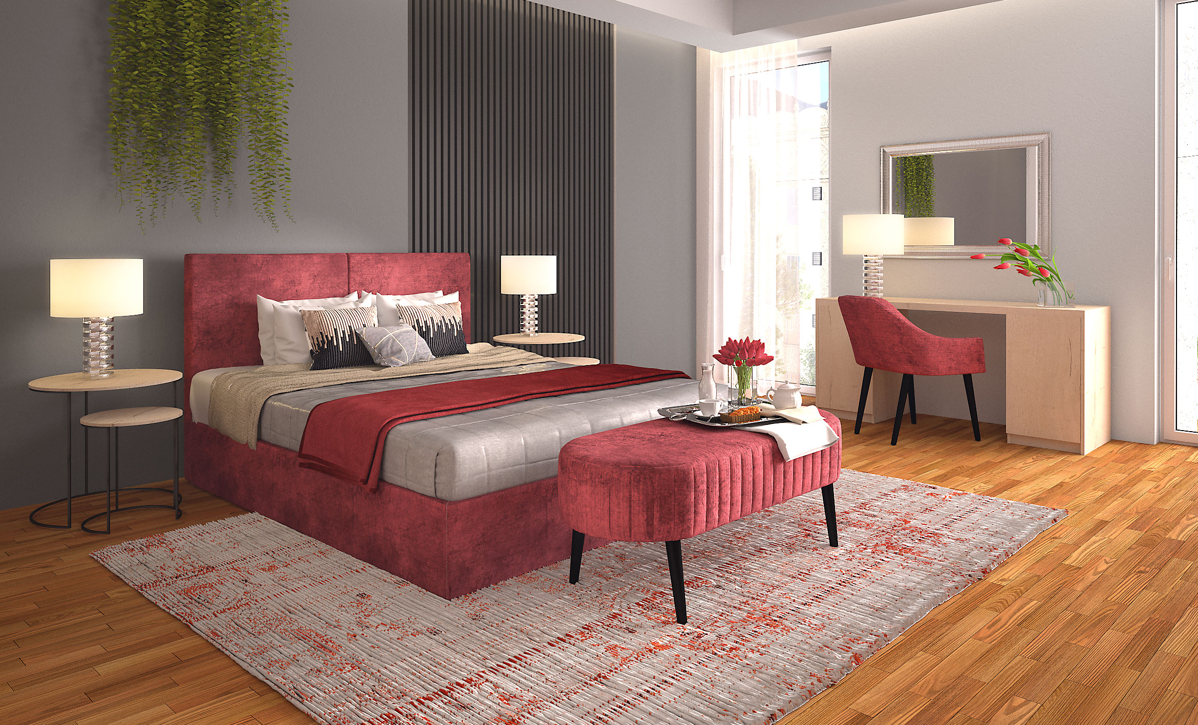 Polaszek Meble Nowoczesna sypialnia z łóżkiem tapicerowanym w kolorze czerwonym, drewnianą podłogą i stylowym wystrojem marki Meble Chojnice. Chojnice
